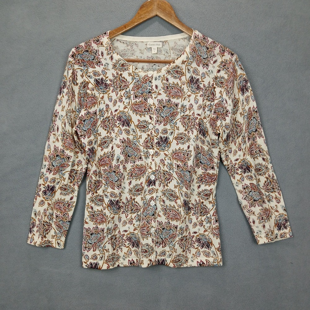 Garnet Hill Grandmacore Folk‎ Top Womens Small Beige Paisley Merino Wool Button